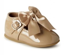 BABY GIRLS CAMEL BOW SHOES SPANISH STYLE PATENT MARY JANE PARTY SHOES UK 2-8