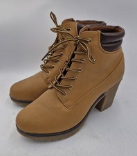 Select Ladies Faux Leather Tan Beige Brown Heeled Boots New Size 8