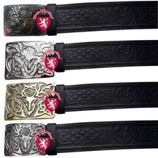 HS Scottish Kilt Belt Buckle Stag Head with Real Leather Belts Thistle Embossed