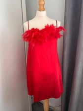 Red Satin Slip Dress Feather