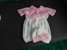 A new hand crochet newborn baby/ 16'' doll rompers, hat & jacket white & pink