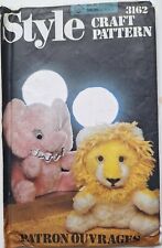Vintage Rare 1980 Style Craft 3162 elephant & lion stuffed toys sewing pattern