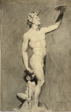 Antique Academic Drawing – Bacchus with a Satyr male Nude Study 1850 Paris 