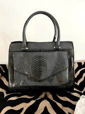 Handbag, Charcoal, Patent, Snakeskin Vegan, Short & Long Strap, Shoulder Or Hand