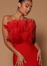 Red Dress Bandage Feather Bodycon Fits Size 12 14 L Elegant Maxi High Quality