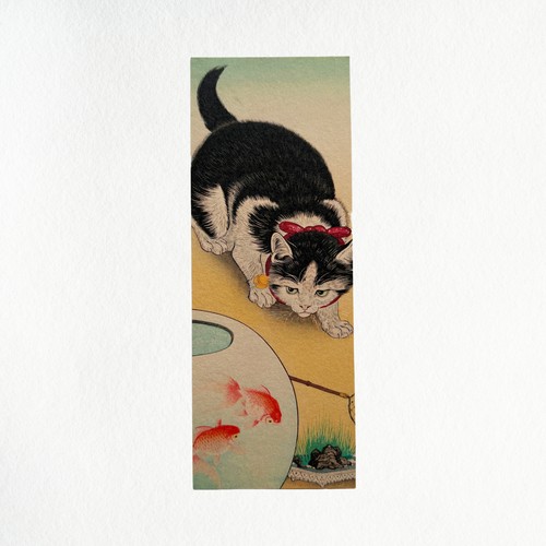 Cat and goldfish bookmark - cat, |