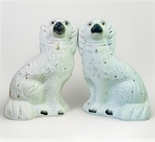 Antique Victorian Pair Of Large Staffordshire White Fireside Spaniel Wally Dogs