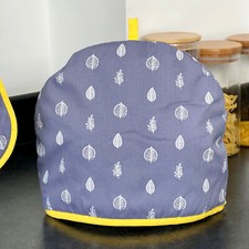 Grey Leaf Tea Cosy Cotton Large Modern Kitchen Teapot Cover Warmer Yellow Trim