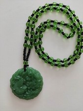 Beautiful Green Jade Dragon & Phoenix Pendant & 6mm Crystal Ball Beads Necklace