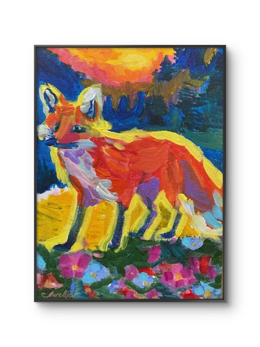 Sunset fox impressionist 9x12 - sunset,