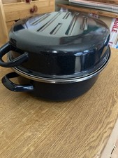  Large Vintage Enamel Oval Casserole Roasting Oven Dish & Lid