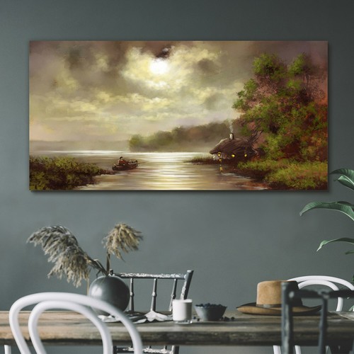 Painting lake trees hut boat - painting,