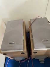 Two Samsung Small Wooden Speakers With Wires Grey Frontage