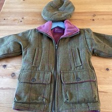SHIRE CLASSICS CHILDRENS GREEN WOOL JACKET WITH CAP and PINK FLEECE LINING SMALL