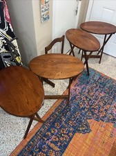 Vintage Set of 4 Unique Oval Folding TV Table Trays & Rack Solid Oak Wood