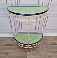 Retro Vintage Wrought Iron Hall Console Table Demi Lune - Two Tier Marble Effect