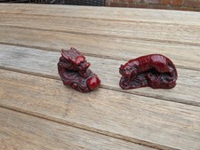 2 Oriental Red Cinder Figures Dragon & Tiger Ornaments