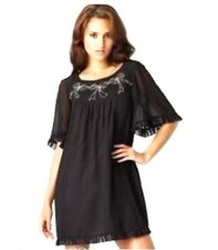Lipsy 10 Vintage Beaded Bow Black Lace Sleeve Shift Party Dress BNWOT