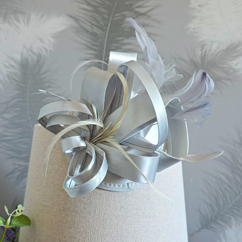 Silver satin bow - silver, feather