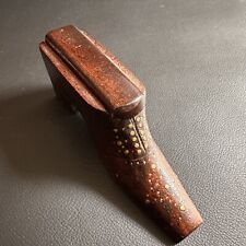 VINTAGE ANTIQUE CARVED WOODEN SHOE SNUFF BOX w/ SLIDING LID & BRASS PINS
