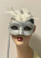Authentic Venetian Face Mask Silver Fancy Dress Masquerade Handmade Real Feather