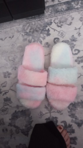 Fluffy rainbow slippers never
