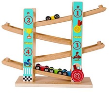 TOWO Pure Wooden Zig Zag Car Ramp - Slide Run with 4 Cars Playset - Click Clack