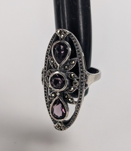 Long amethyst ring marcasites - long,