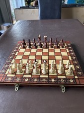 Vintage Large Hand Carved Wooden Chess Board And Pieces 41x40 cm Complete Set
