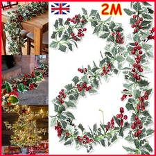 2M Christmas Holly Garland Leaf Red Berries Fireplace Winter Hanging Party-Decor