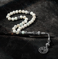 1000 Ct Silver Kazaz Tassel Moonstone Islamic 33 Prayer Beads Tasbeeh Misbaha