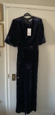 BNWT The Fold Midnight Blue Navy Silk Velvet Wide Leg Palazzo Jumpsuit Size 8