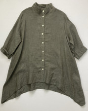 Chalet 100% Linen Top M High Neck Button Up Pointed Hem Shell Button Roll Sleeve