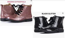 New Girls Warm Waterproof  Glitter Ankle School Shoes Zip Lace-Up Winter Boots