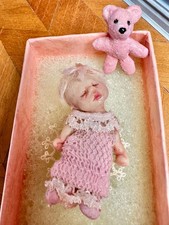 Dolls house miniature 1:12 ARTISAN sleeping baby doll + bear - BOXED