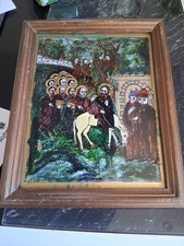 ANTIQUE EUROPEAN Icon on glass - The Entry into Jerusalem, Floriile, 19th...