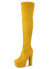 Allegra Thigh Boots Block Heel Over the Knee High for Women Mustard Yellow UK 6