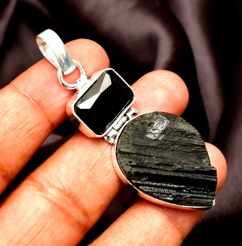 Black tourmaline gemstone - black, 925