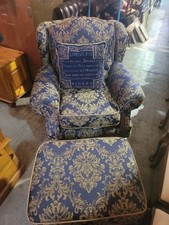 Blue And Gold Patterned Chair With Pouffee