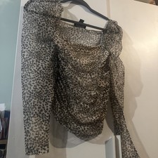 USEDLadies Primark Beige brown long Sleeve Leopard Print Chiffon Blouse Size XL 