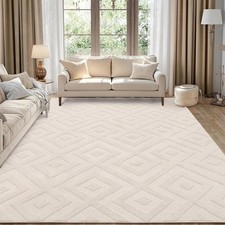 Living Room Rug AUCTION Dining Room Short Pile Geometric 200 x 290 cm Cream