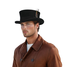 Classic Black Short Crown Wool Felt Top Hat for Men & Women, Removeable Feather