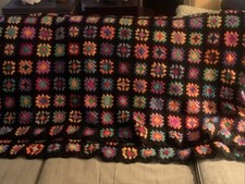 Vtg 60’s Colorful  Granny Square Crochet Afghan Blanket Wool 48” x 86” Roseanne