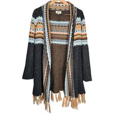 ADORA Womens Aztec Western Print Open Front Cardigan Sweater Tassels SM Oversize