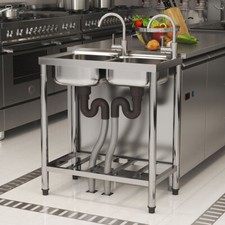 Stainless Steel Commercial Kitchen Sink Double Bowl Drainer Unit With Shelf 