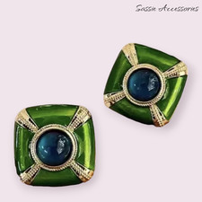 Retro Green Art resin Cabochon Earrings, Square Gold Design. simple stud