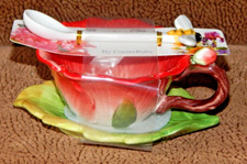 Corner Ruby Garden Collection Poppy Red Flower Teacup Leaf Saucer Spoon Set NWT