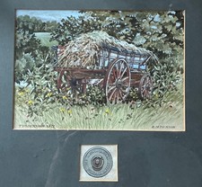  E.M. Dickson Watercolour Hay Wagon in a field Tuddenham, Suffolk, east Anglia.