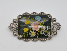 Austrian KB Art Deco 800 Silver Marcasite Painted Lucite Floral Spray Brooch