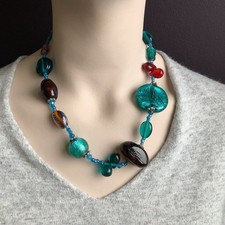 Short Chunky Blue & Red Beaded Necklace. Big Glass Beads. VGC